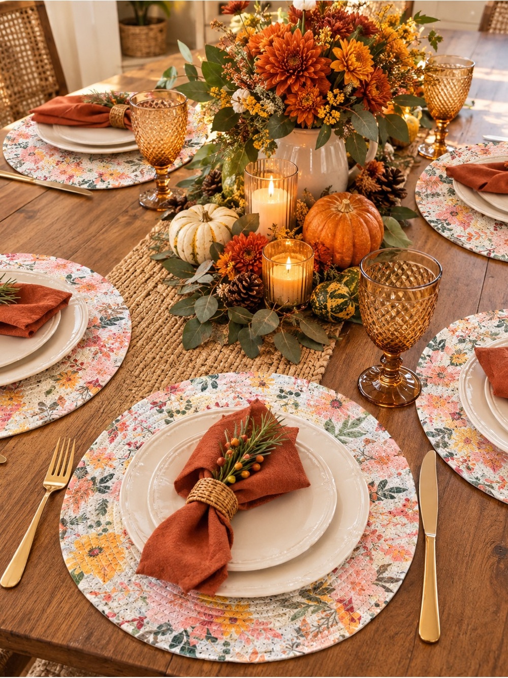 8 Floral Round Placemat - Pink, Yellow & Green